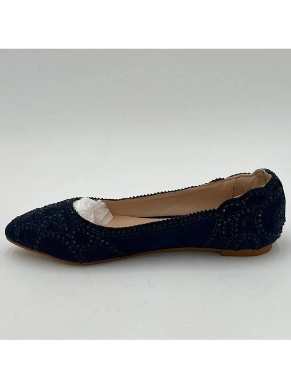 XYD Navy Pointed Toe Rhinestone Flats Mesh Slip On Low Heel Crystal Dress Shoes